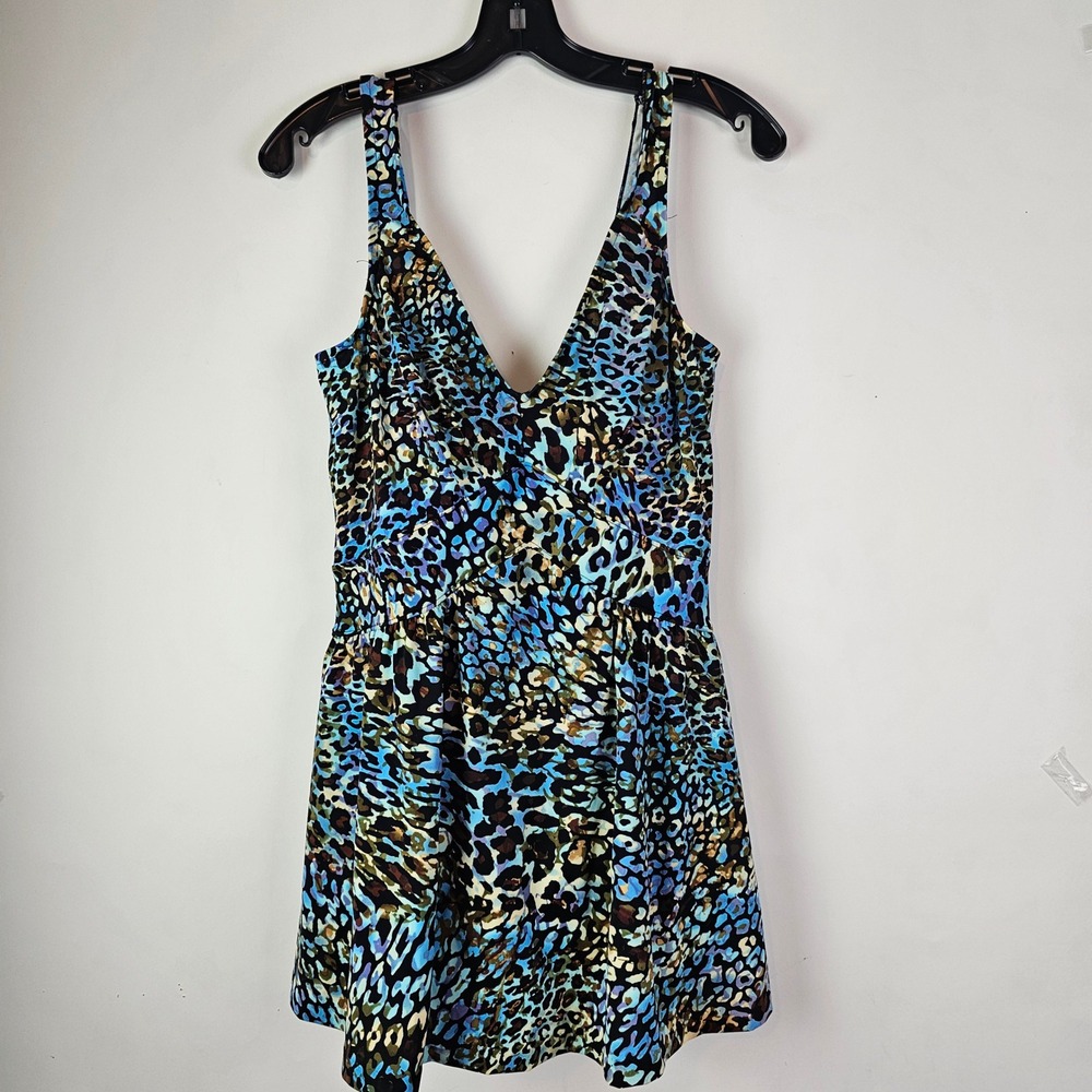 Maxine of Hollywood Women Blue Leopard Print Swim Dress One Piece Swimsuit 16